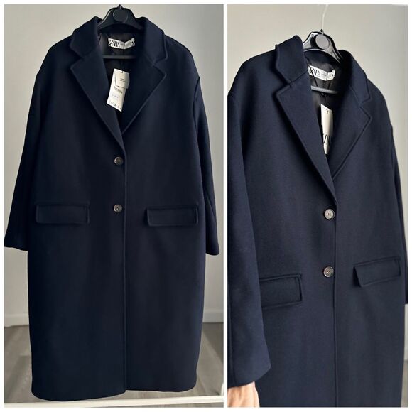 Zara 51% Wool Blend Oversized Runs Big Wide Cut Coat Navy New Lined - Picture 3 of 3